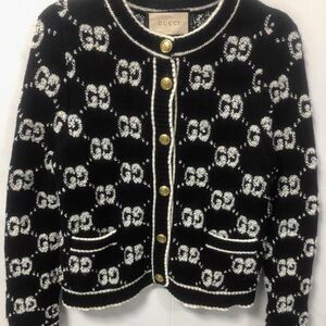 Gucci Black and White Patterned Blazer with Gold Accents